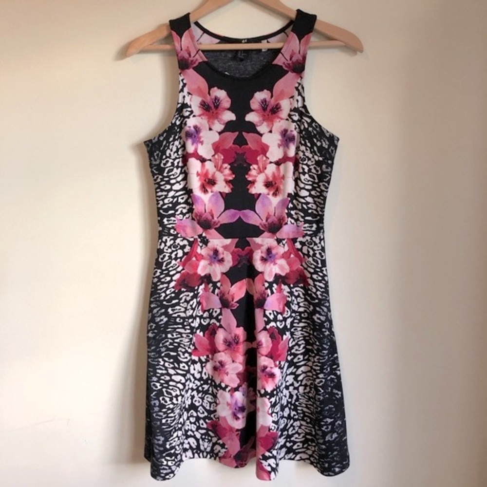 H&M pink and black floral summer mini dress size small